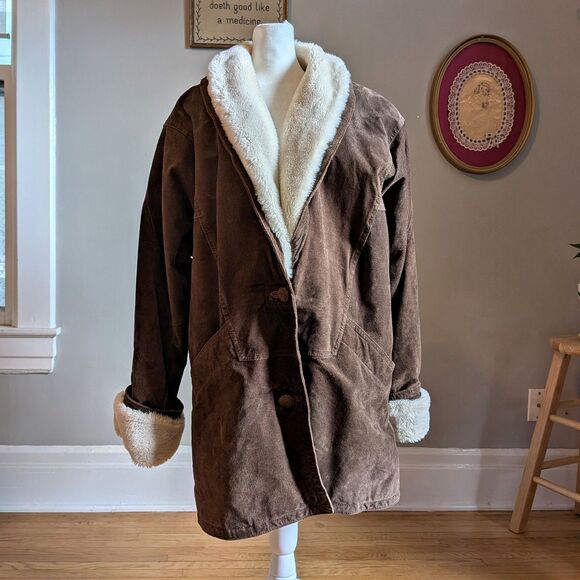 Vintage 90s Midwest Traders Suede Chore Coat Faux Sherpa Leather Jacket Size L - Picture 1 of 10